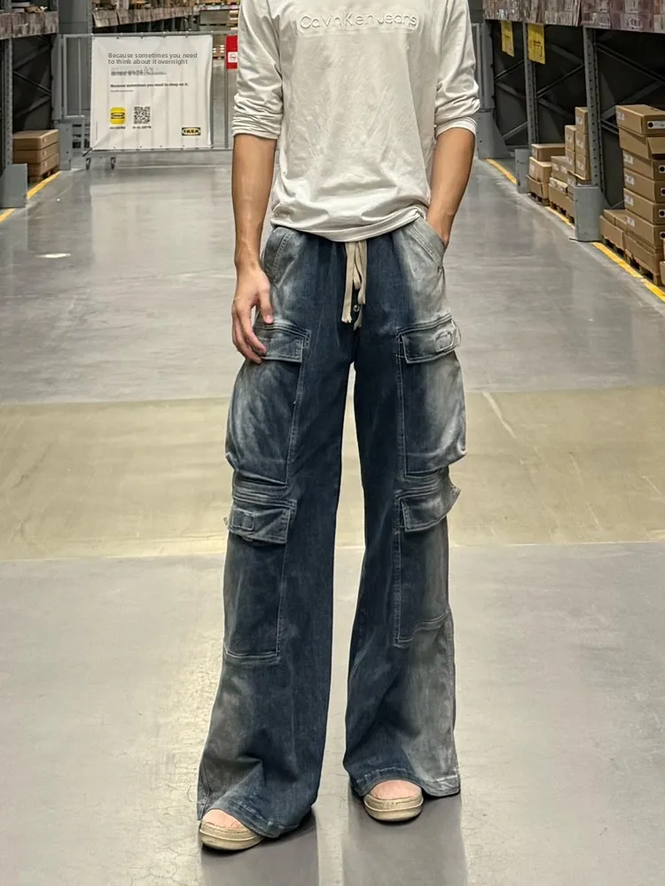 

American Vibe Retro Loose Multi-ket Color Blo Dstring Jeans Men's Straight Leg Wide Leg Workwear Trendy Jeans