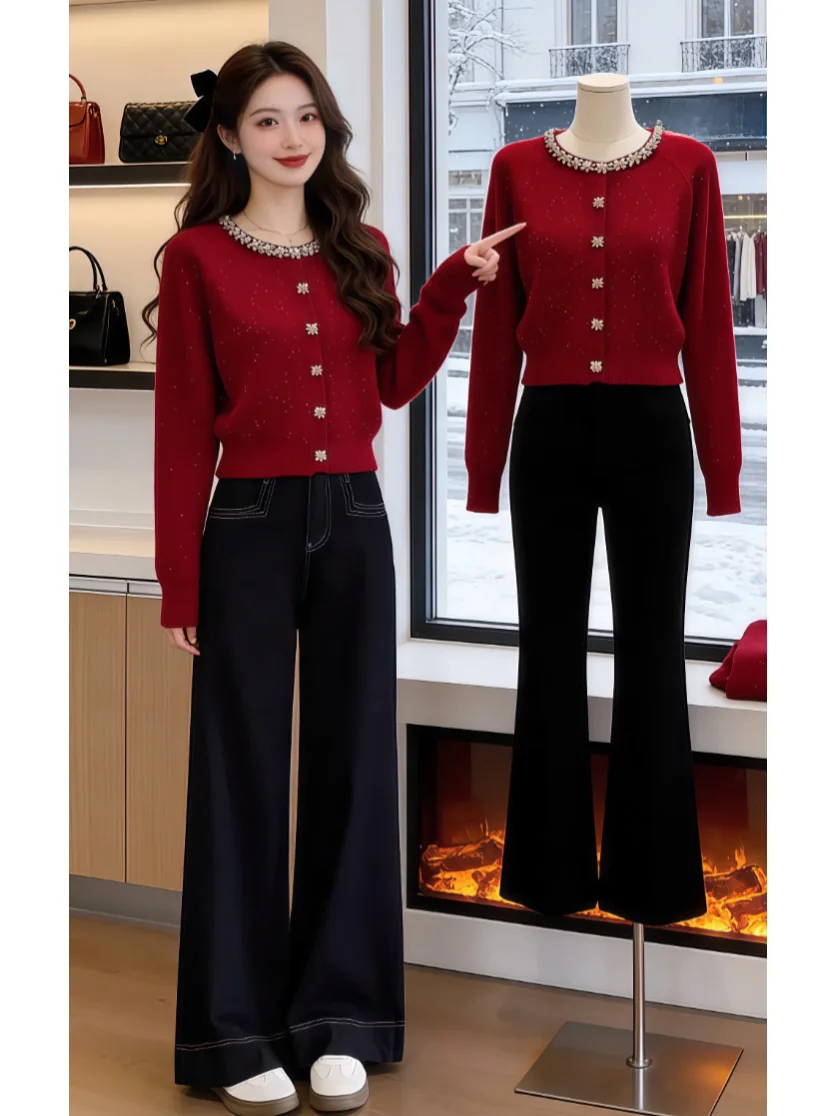 

Красный вязаный свитер-жакет женский, с богатой отделкой пайетками, уникальный, премиум-класса, повседневный, свободного кроя, с длинными рукавами, круглый вырез