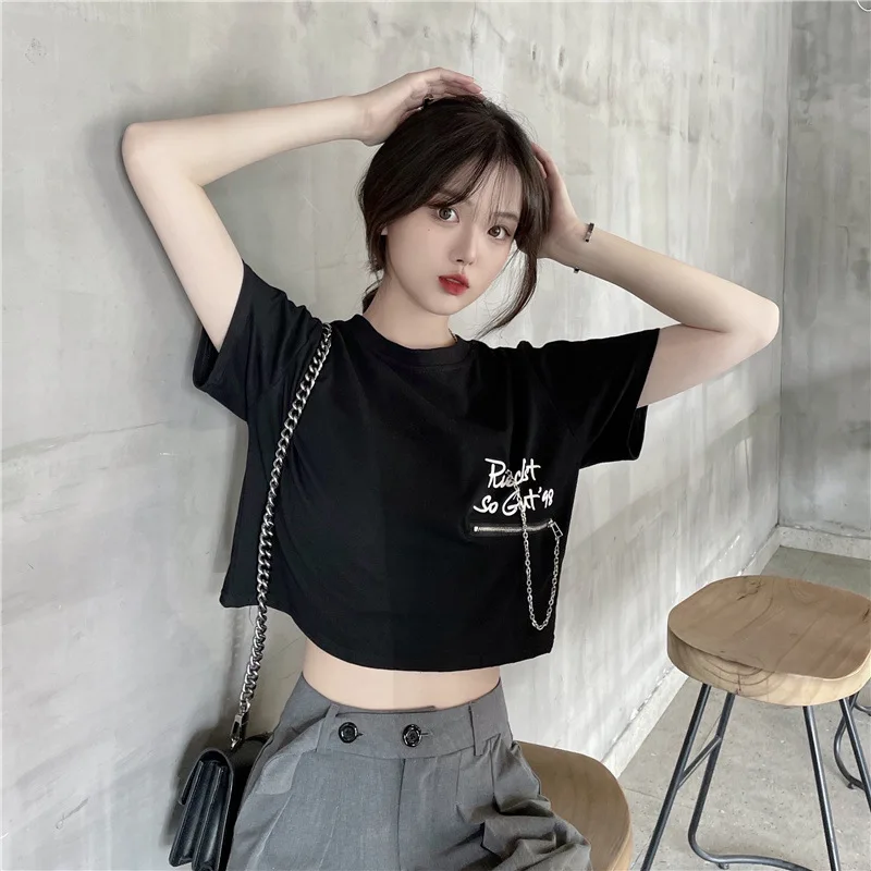 NOVEDAD DE VERANO 2021, camiseta de manga corta para mujer con estampado de letras y cremallera, Tops cortos básicos que combinan con todo, ropa de calle Y2K, camisetas de moda