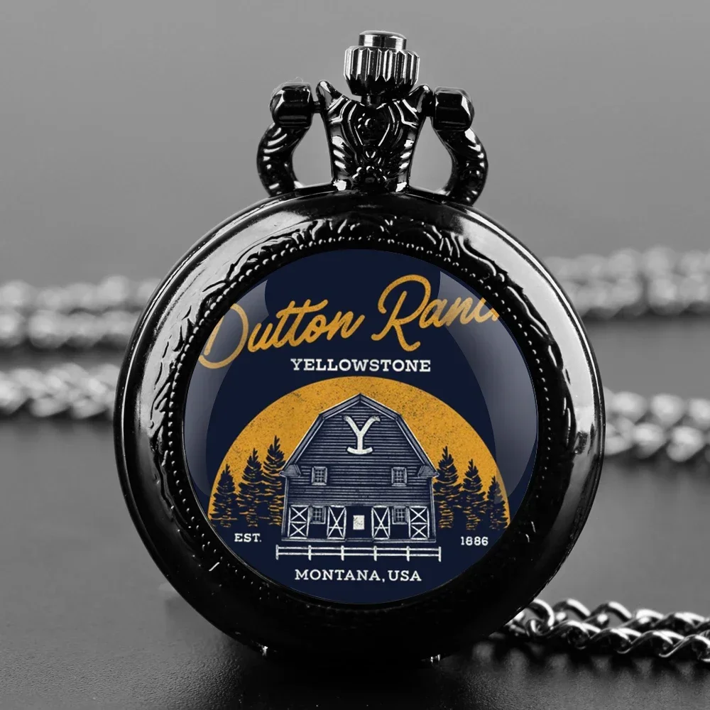 Yellowstone Dutton Ranch Relógio de bolso de quartzo com cúpula de vidro vintage com colar de corrente para homens e mulheres presente com pingente exclusivo