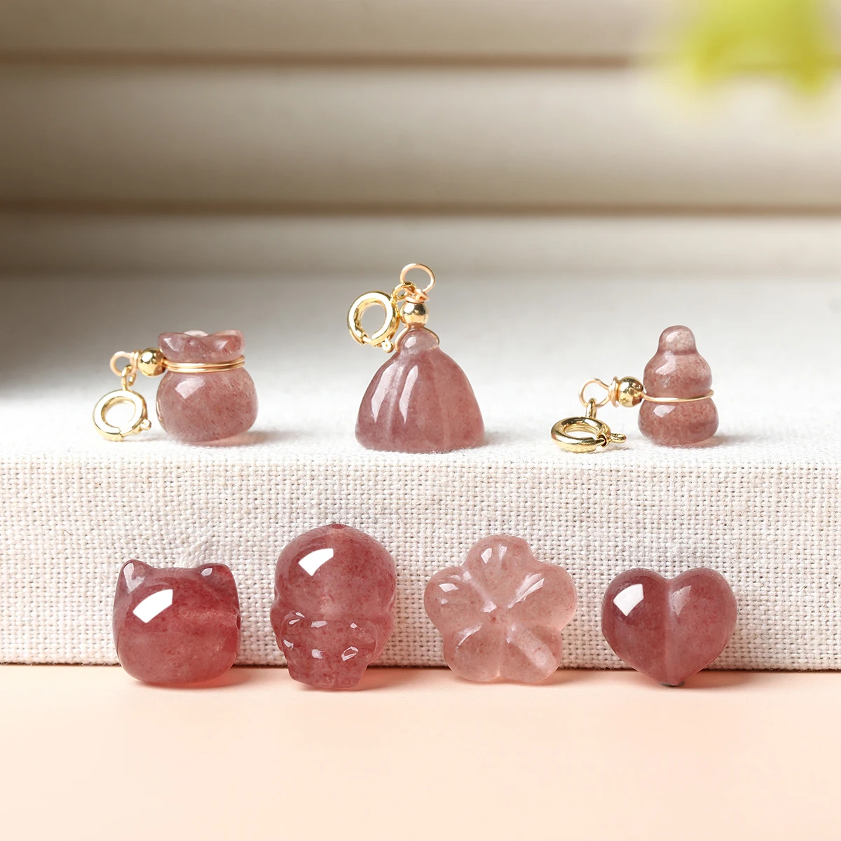 1 PC Natural Stone Strawberry Quartz Carved Pixiu Cat Head Beads With Hole For Jewelry Making Diy Necklace Bracelet Supplies