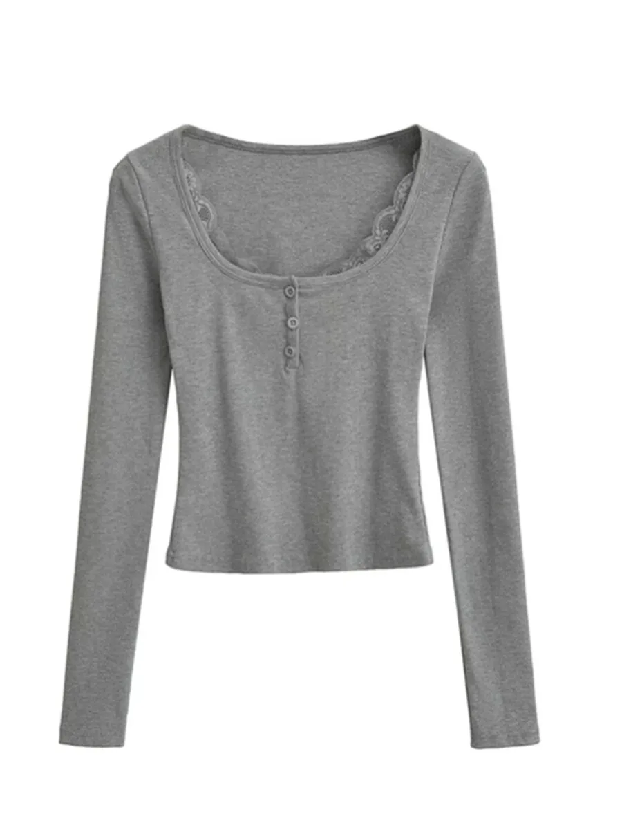 Dopasowany krój, długi rękaw, dekolt w kształcie litery U, ozdobny guzik, koronkowy wykończenie, damska moda uliczna, wczesna jesień, nowość...