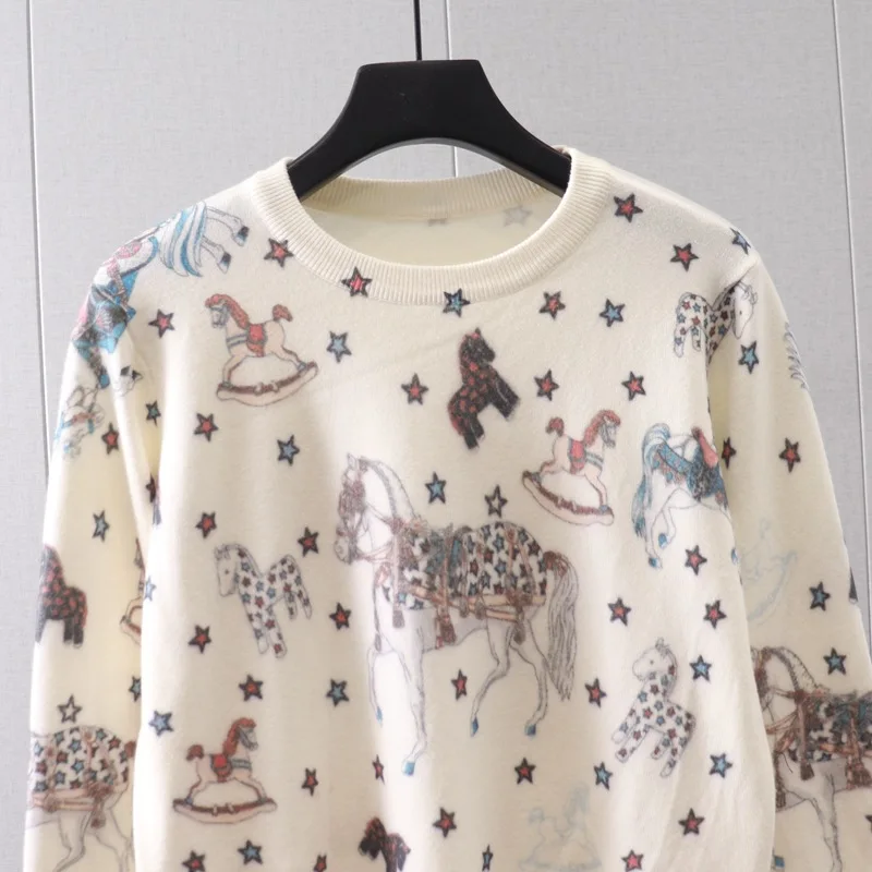 Korea Cute Horse Sweater Women Luxury Brand Long SleeveJumper Print Sweater Star Sweater Knitted Top Women Clothing Sueter Mujer