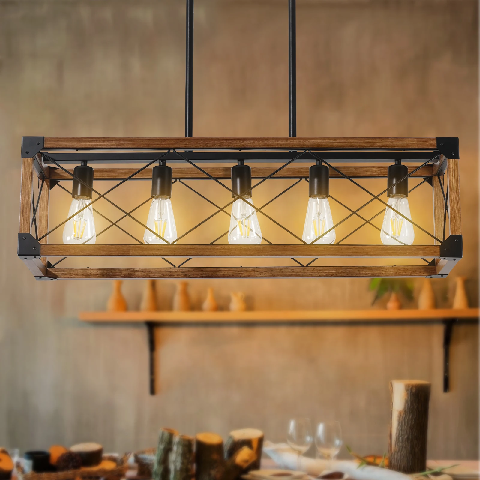 

31“Industrial Farmhouse Rectangle Pendant Light - Wood & Iron Metal Frame, 5-Light E26 Bulb Chandelier for Dining Room, Kitchen