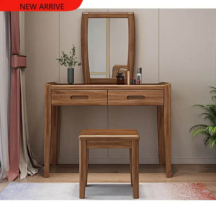 z183 2 Drawers Walnut Solid Wood Makeup Vanity Table Set Dressing Simple Mirror Stool  Drawer Dressing Table Bedroom Wood Furnit