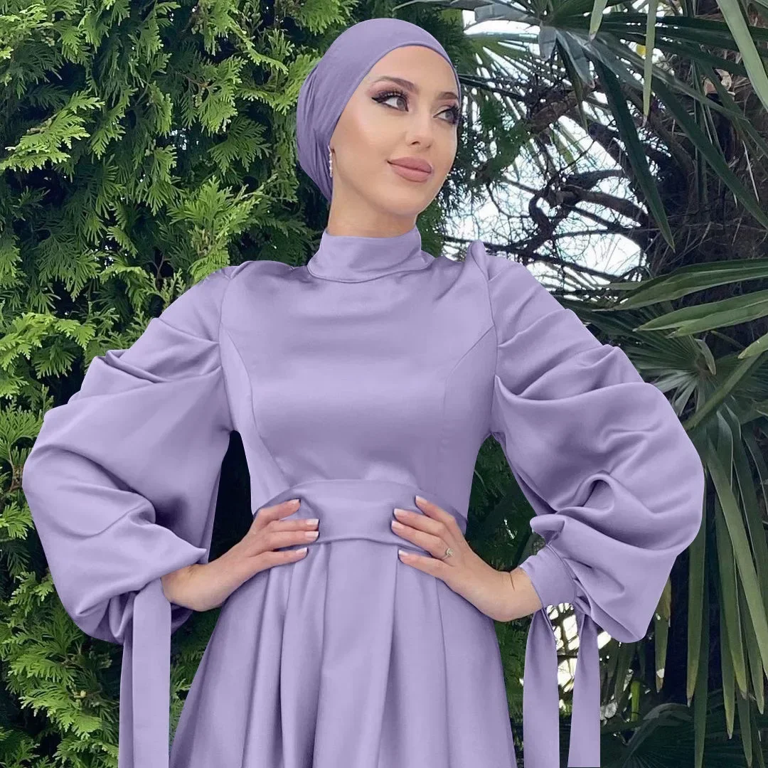 Muslim Fashion Women Islamic Satin Dress Hijab Arabic Pleated Abaya Dubai Balloon Sleeve with Ribbon Eid Evening Turkish Dresses