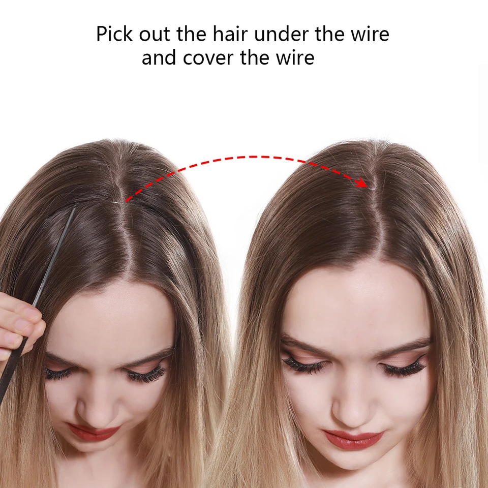 Extensión de cabello sintética sin clip, ondulada, ombre, negro natural, rubio y rosa, pieza única, con línea de pesca, postizo 3