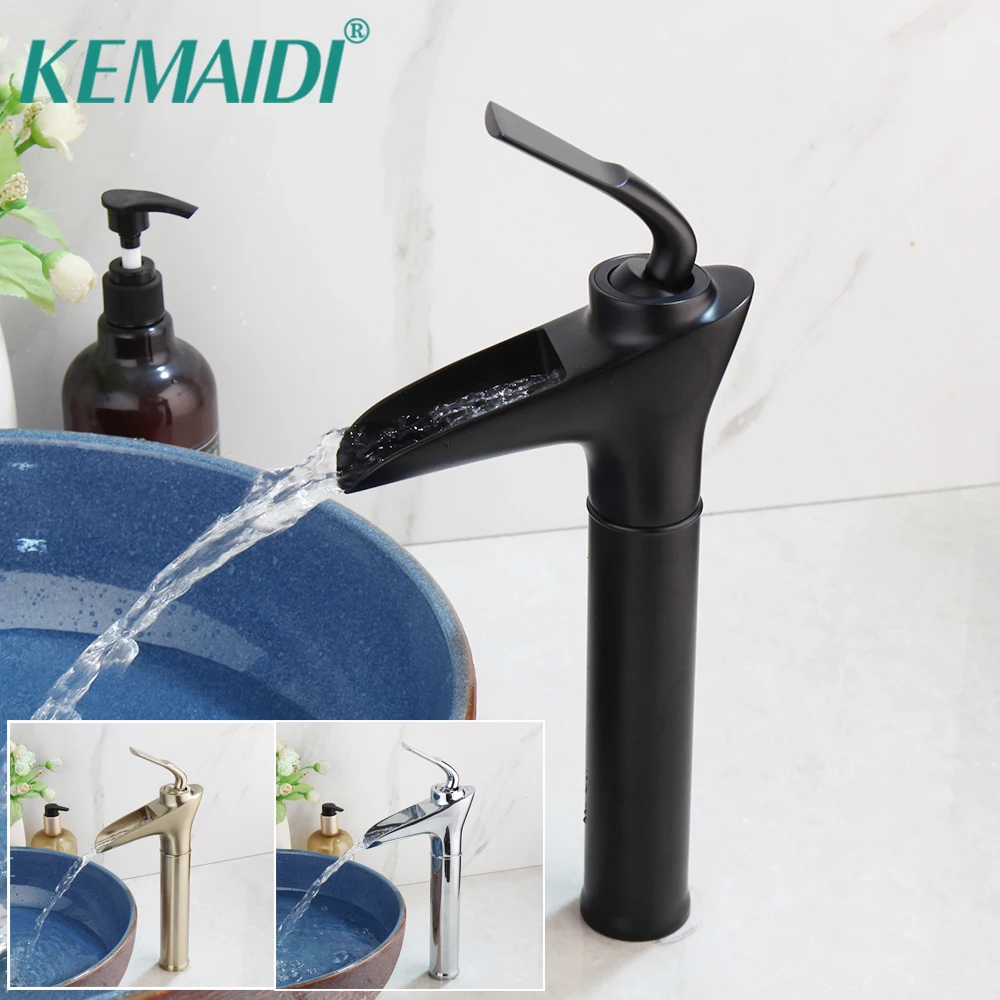 

KEMAIDI Bathroom Matte Black Basin Sink Faucet Deck Mounted Mixer Single Hole Single Handle Faucets High Taps Waterfall Spout