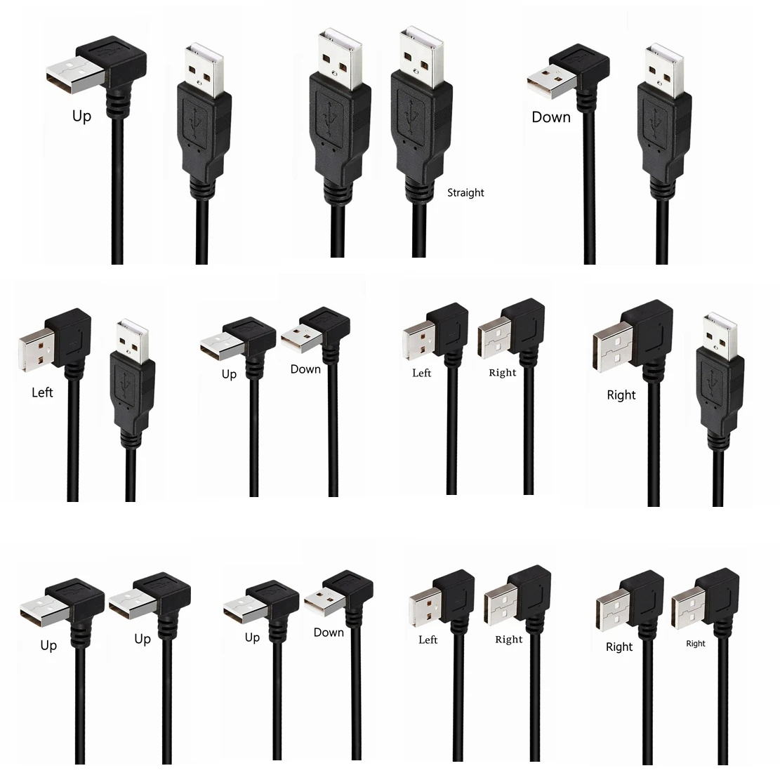 Double 90 Degree Left Right Up Down Angle USB Male To Male Adapter Extension Cable Fast Charging Data Cord 0.25m 0.5m 1.5m