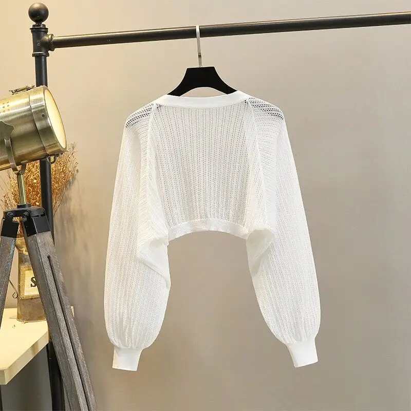 Long Sleeve Hollow Out Knitted Open Stitch Women Clothing Thin Short Loose Shirt Sun Protection Cover Up Solid Casual Summer New