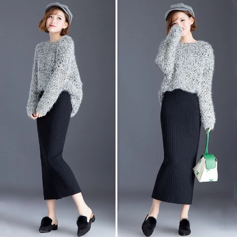 

High Waist Women Knitted Skirt Autumn Winter Fashion Rib Elegant Midi Female Casual Pencil Elastic Band s R377