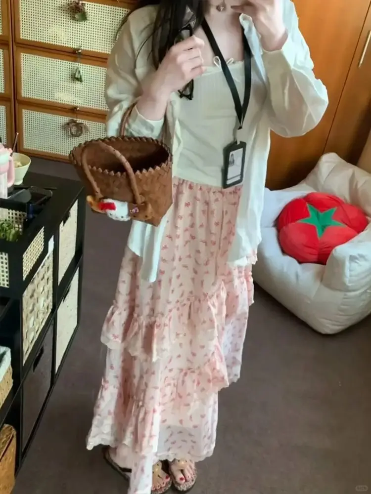 Dopamine Pink Bow Print Summer Skirt Sweet Girl Elegant High-waisted Panels Design Cake Maxi Skirt Korea Chic Casual Outfits New