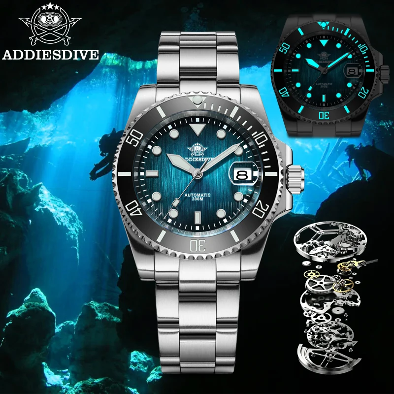 ADDIESDIVE Men's Automatic Watch Luxury Sapphire Glass 41mm Ceramic Bezel 20Bar Waterproof Green Luminous Mechanical Watches NEW