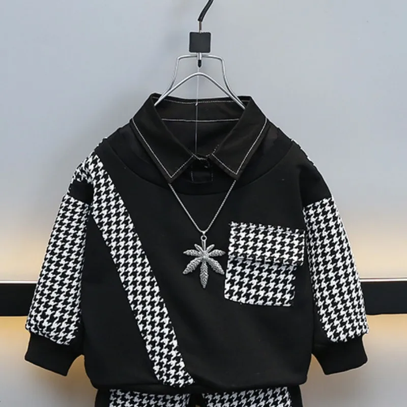 Boys Sweatshirts +Pants Cotton 2PCS/Set Kids Sport Suits 2023 Houndstooth Spring Autumn Uniforms Custom Children Sets