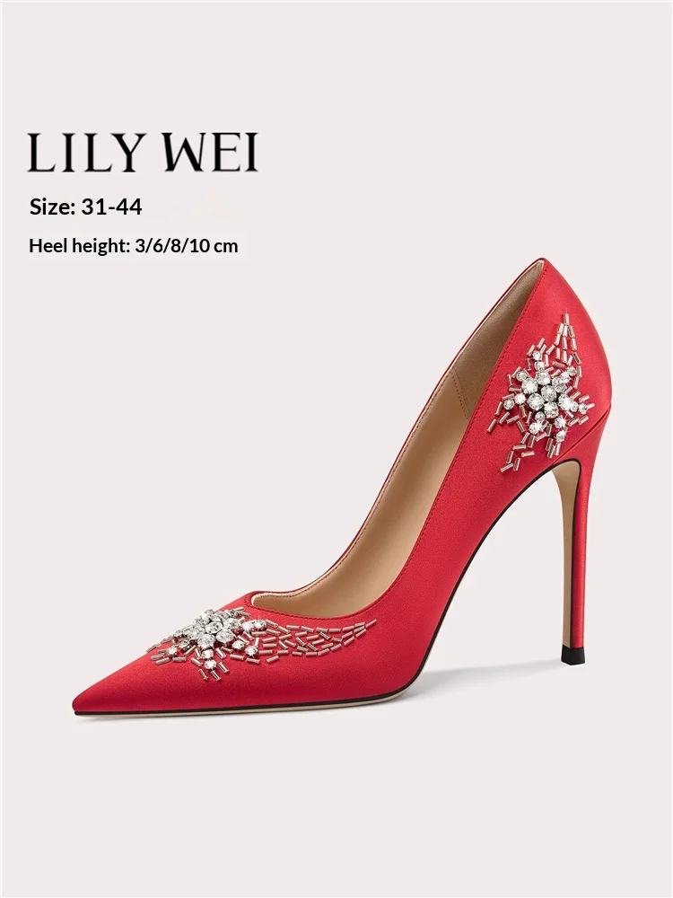 

High heels autumn pointed shallow rhinestone beads sequins silk single shoes banquet large size small size women's shoes