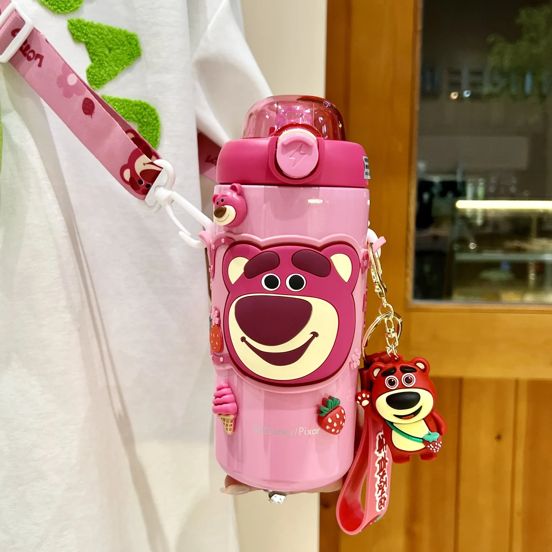 Disney Lotso-Tasse thermos ours rose pour fille, belle tasse à eau chaude en acier inoxydable 500, bouilloire à paille pour enfants et étudiants, 316 ml