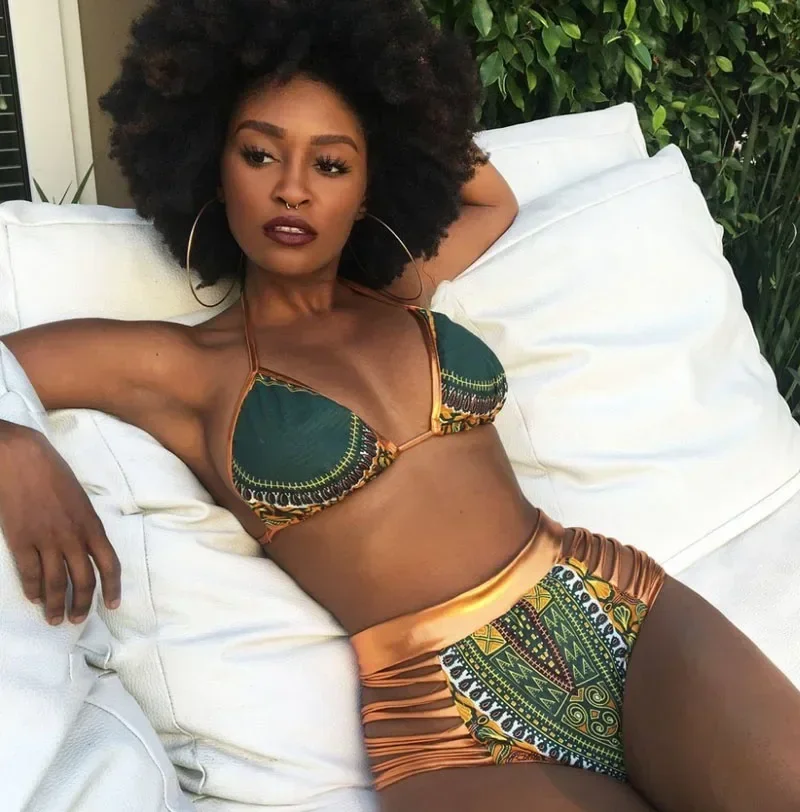 2023 New African Print Two-Pieces Bath Suits Bikini Set Sexy Geometric Swimwear Swimsuit Gold High Waist Swimming Suit image 3