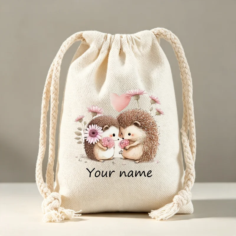Cute Hedgehog Canvas Drawstring Bag Custom Hedgehog Couple Floral Print Storage Pouch Gift Bag for Women Girls Draw String Bags