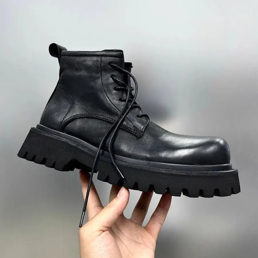 

2024 Big Head Thick-soled Men's Zipper Locomotive Trendy British Style Tooling Casual Height-increasing Medium Boots