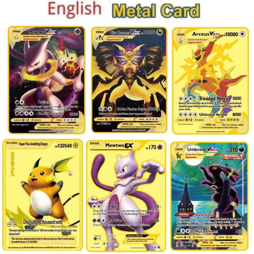 

Металлическая Золотая карточка Pokemon, 48 стилей, Mewtwo Ex GX Picchu Золотая карточка, редкая железная игра, суперколлекционная карточка VMAX Solgaleo