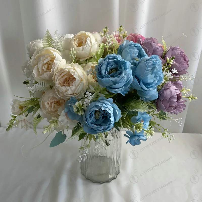 Buquê de seda de peônia artificial decorado com cabeça grande, decorações de casamento, Páscoa ou Halloween