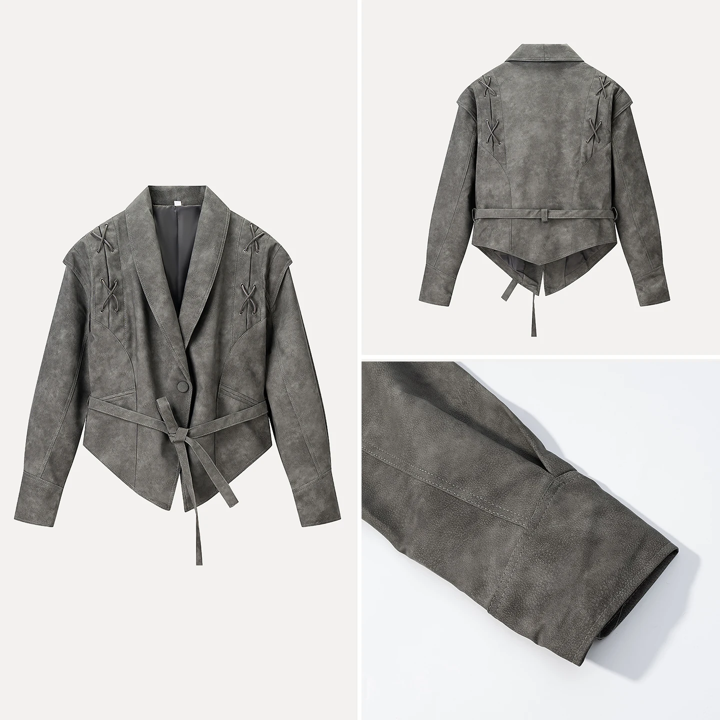 

Faionable индивидуальный женский кожаный топ с застежкой на одной пуговице и поясом, длинное све, осень 2023, Новое поступление