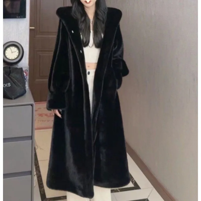 Abrigo de piel largo y grueso con capucha y forro de piel para mujer, abrigo de piel de Año Nuevo rojo Ankor para mujer, abrigo de piel de nuevo estilo para mujer