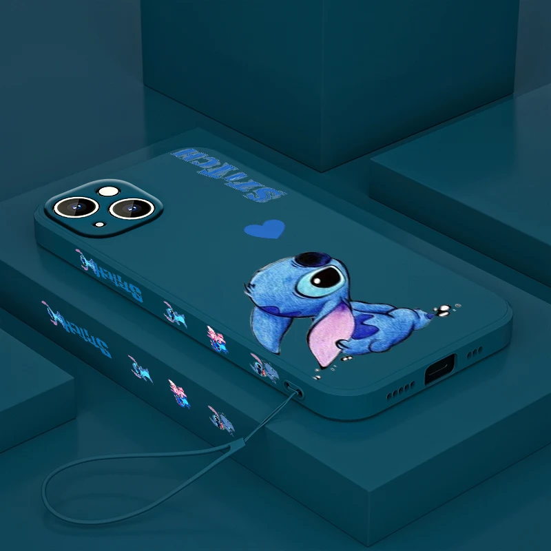 Baby Stitch Cartoon For Apple iPhone 15 14 13 12 Mini 11 Pro XS MAX XR X 8 7 6S Plus Liquid Left Rope Phone Case Funda Capa