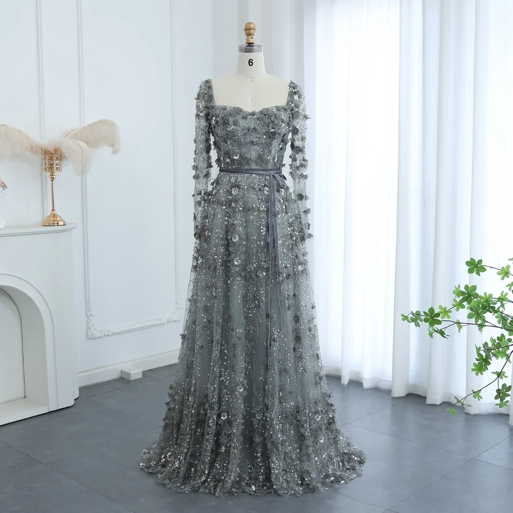 Elegant Square Collar Long Sleeves Flowers Evening Dress Exquisite Sequined Floor Length A-Line Party Gowns Fashion Prom Dress