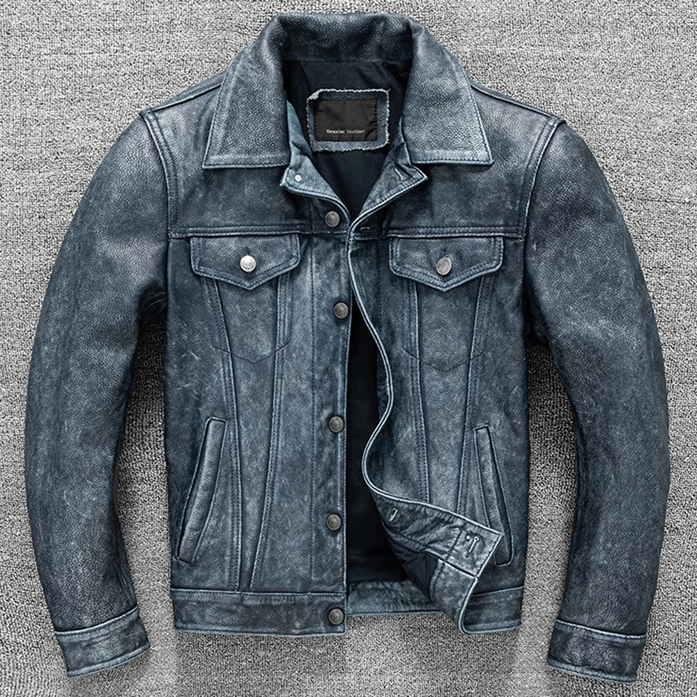 Vintage Casual Denim Cowhide Biker Mens Coat Blue Color 6XL Automotive Cow Leather Jacket Coat Men Spring Autumn Streetwear