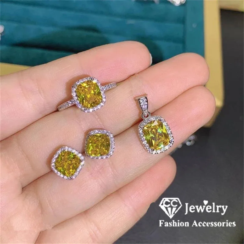 CC Jewelry Sets Pendant Earring Ring Set for Women White Gold Plated Fine Jewelry Yellow Zirconia Accessories Luxury Gift