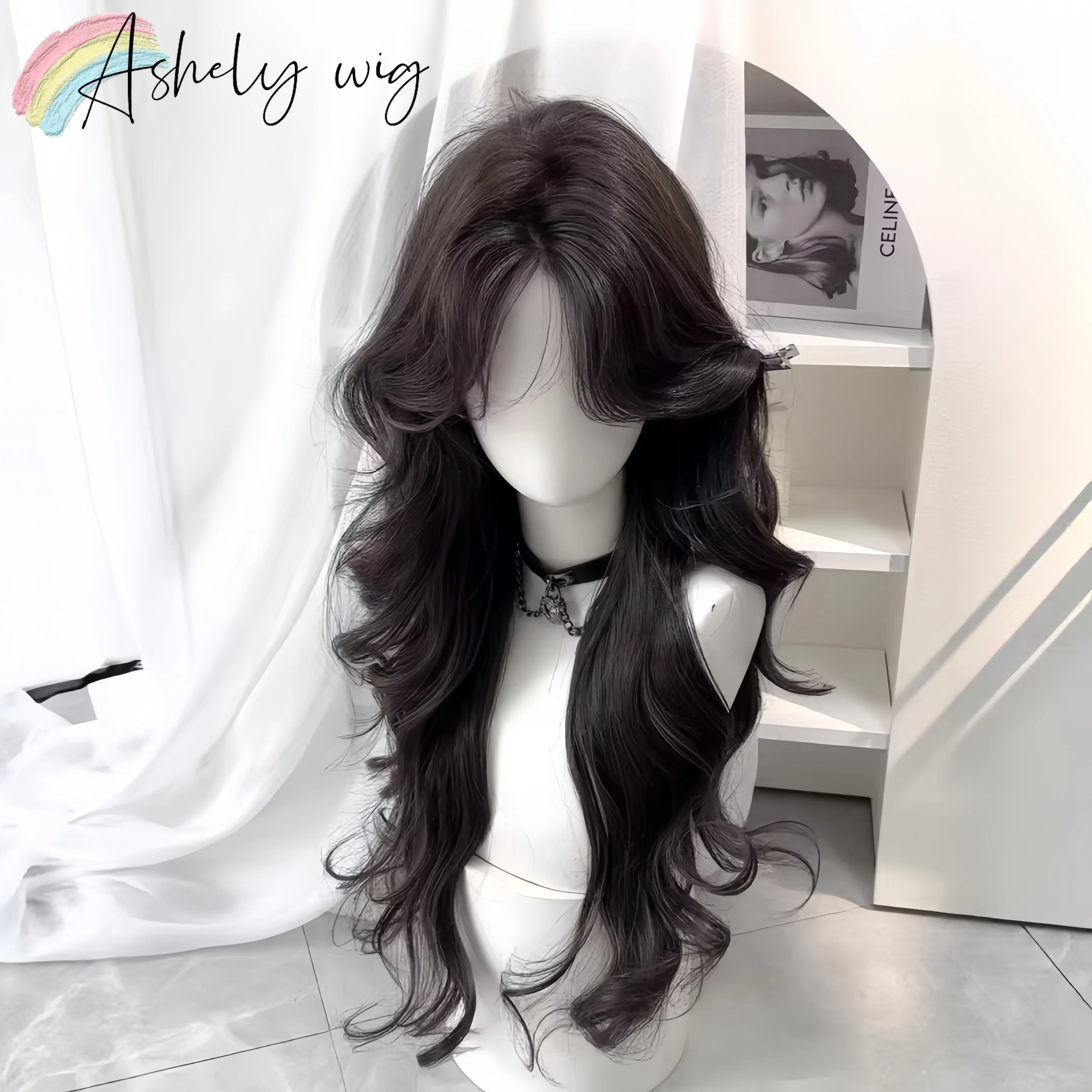 Ashely Wig for Women Long Wavy Wig with Curtains Bangs High Temperature Fibers 26inch Body Wave Lolita Synthetic Wigs for Daily