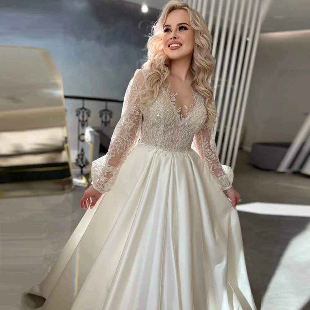 Simple Satin Wedding Dresses For Women Puff Sleeves Button Back Lace Appliques Bridal Gowns Illusion Vestido De Novia 2024