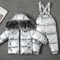 New Winter Thicker Children Down Jacket Overall Suit Big Real Fur Collar Kids Ski Suit Boys Girls Warm Jacket Silver