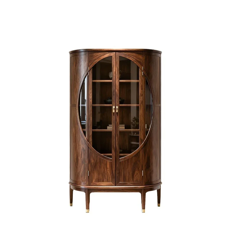 New Chinese-style North American black walnut bookcase Song-style aesthetic semi-circular arc display case Villa living