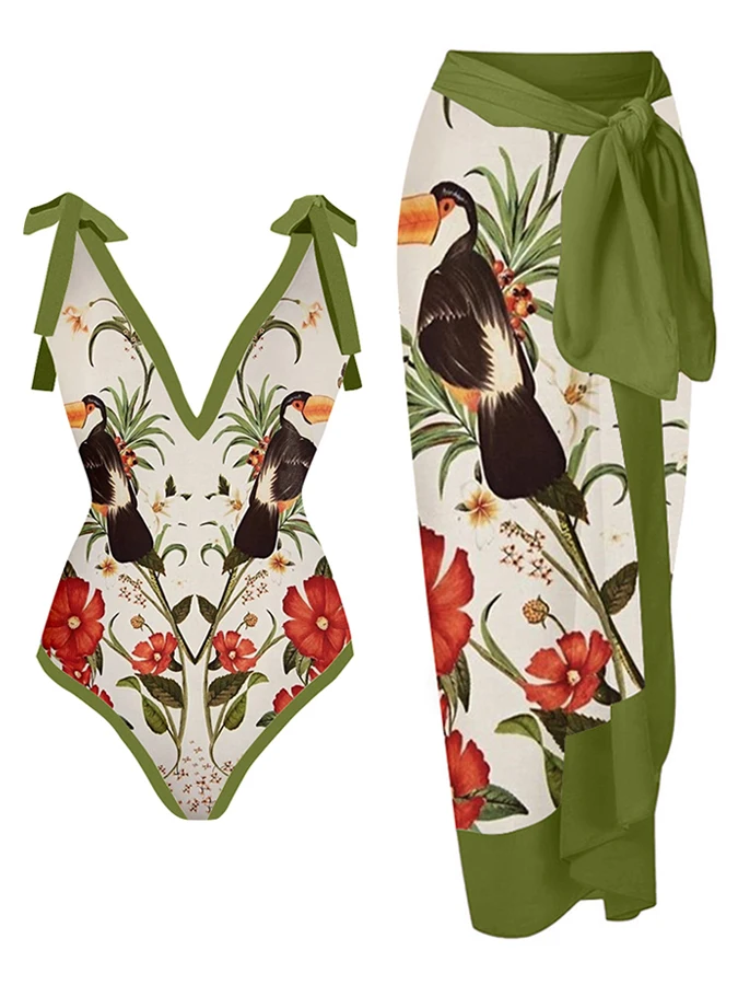 

Green Flower And Bird Print Deep V Binding Backless Fashion Retro Innovation 2023 Women's New Swimwear Bikini Covering