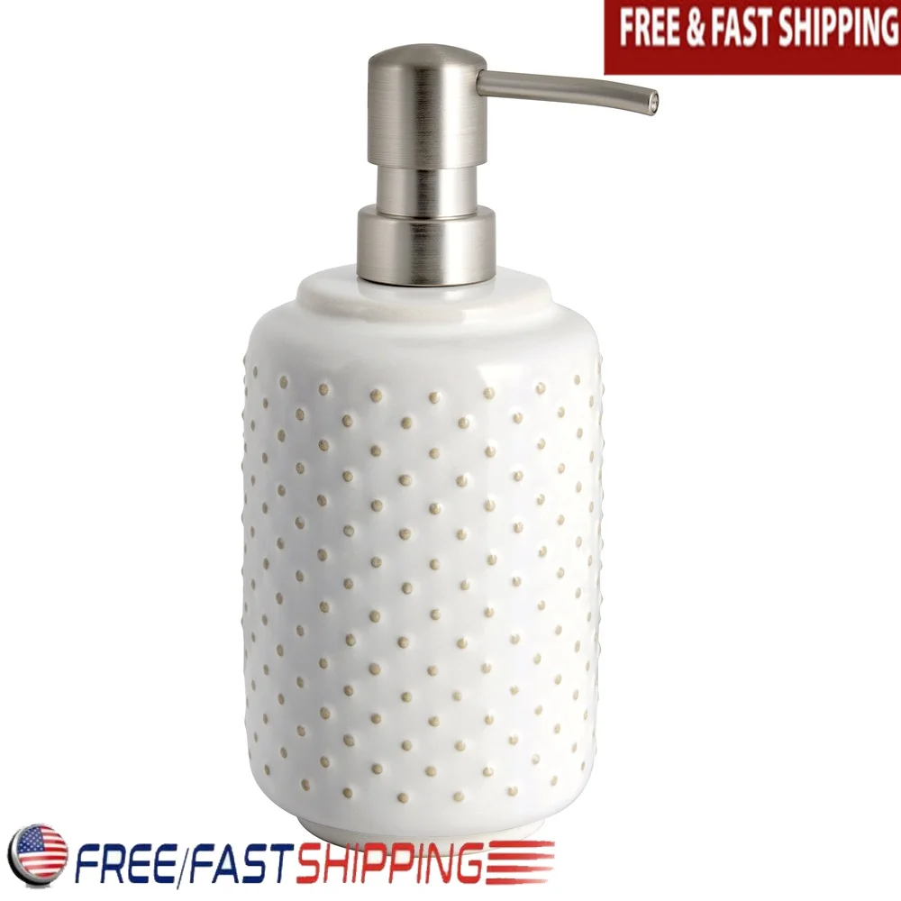 

Керамический насос для лосьона с реактивной глазурью, текстурированная отделка, кремово-белый тисненый точечный дизайн ручной работы, аксессуар для ванной комнаты, легкий