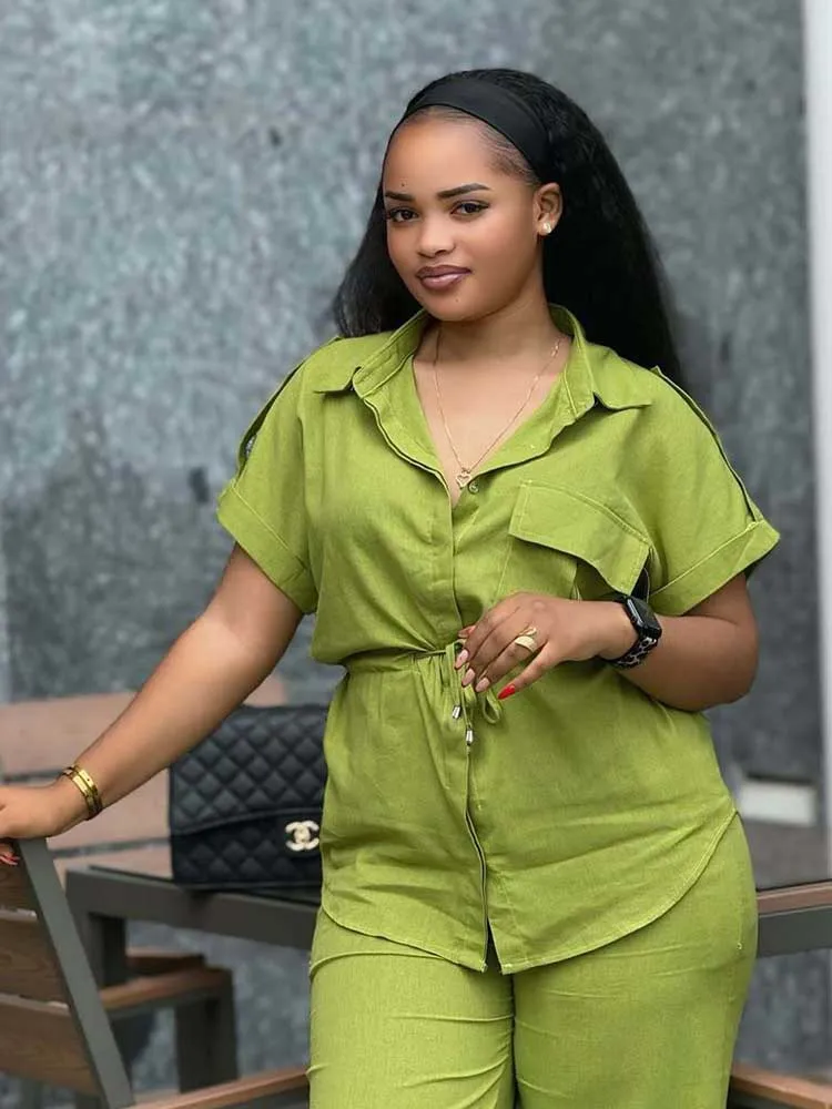 Conjunto de calças verdes e blusa de cintura emagrecedora para mulheres verão cor sólida 2 peças terno feminino chique roupa casual streetwear