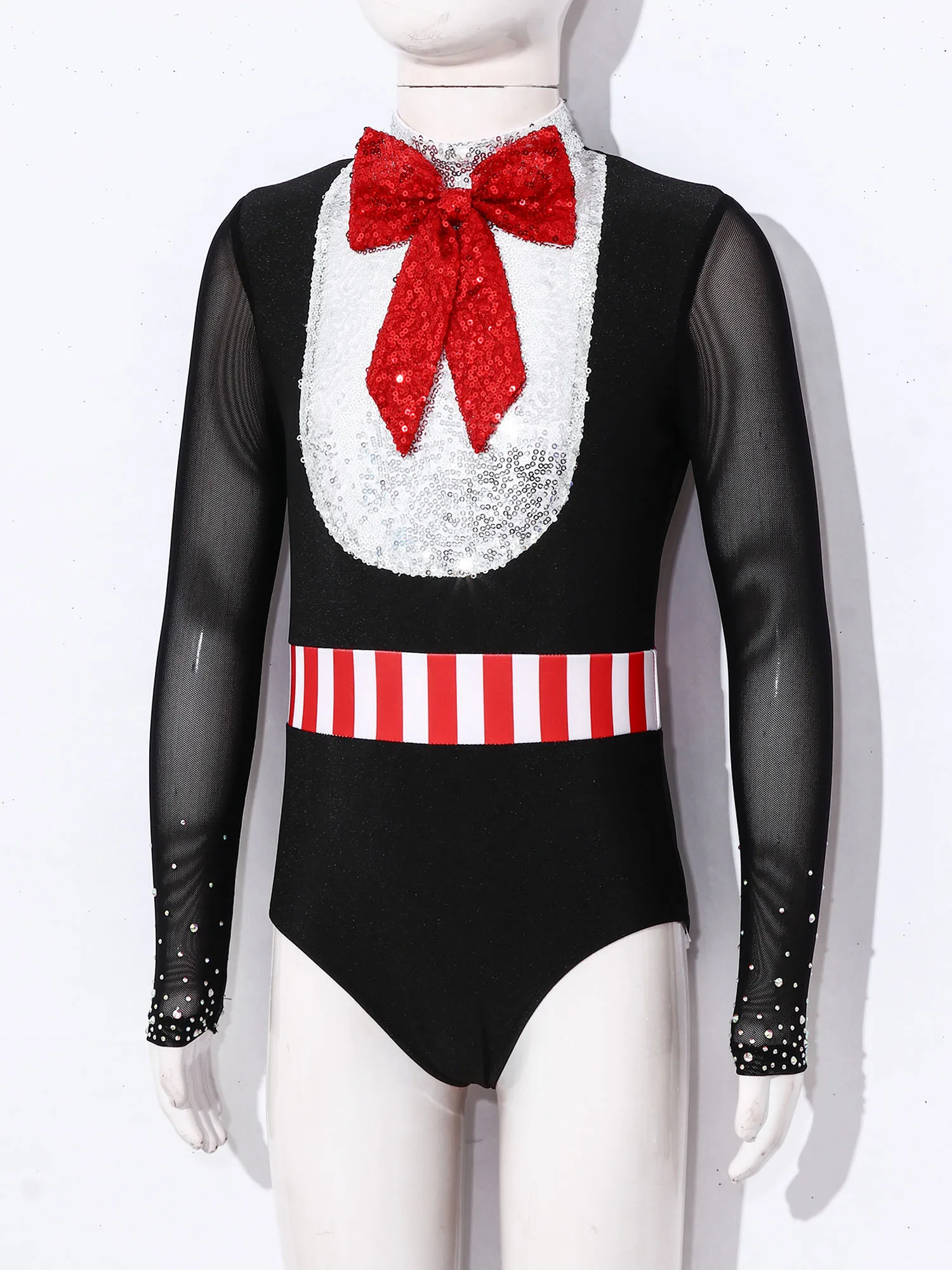 Long Sleeve Sequin Bowknot Ballet Bodysuit for Kids Girls Mesh Patchwork Triangle Jumpsuit for Halloween Themed Party Cosplay view 5