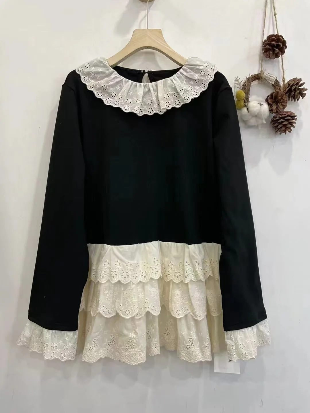 2025 Mori Girl-Camiseta básica de retazos con cuello de encaje para mujer, Tops de manga larga de algodón dulce de estilo japonés, ropa bonita