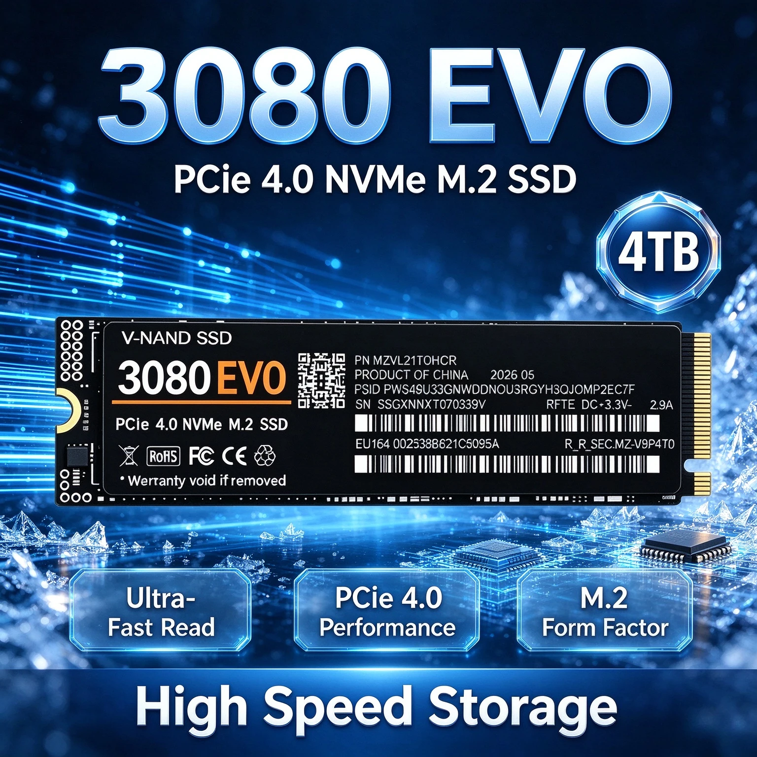 Original 3080 EVO 500GB-4TB M.2 PCIe4.0 NVMe SSD, 7300MB/s Read Speed TLC 3D NAND Internal Drive for PS5 Gaming Desktops Laptops