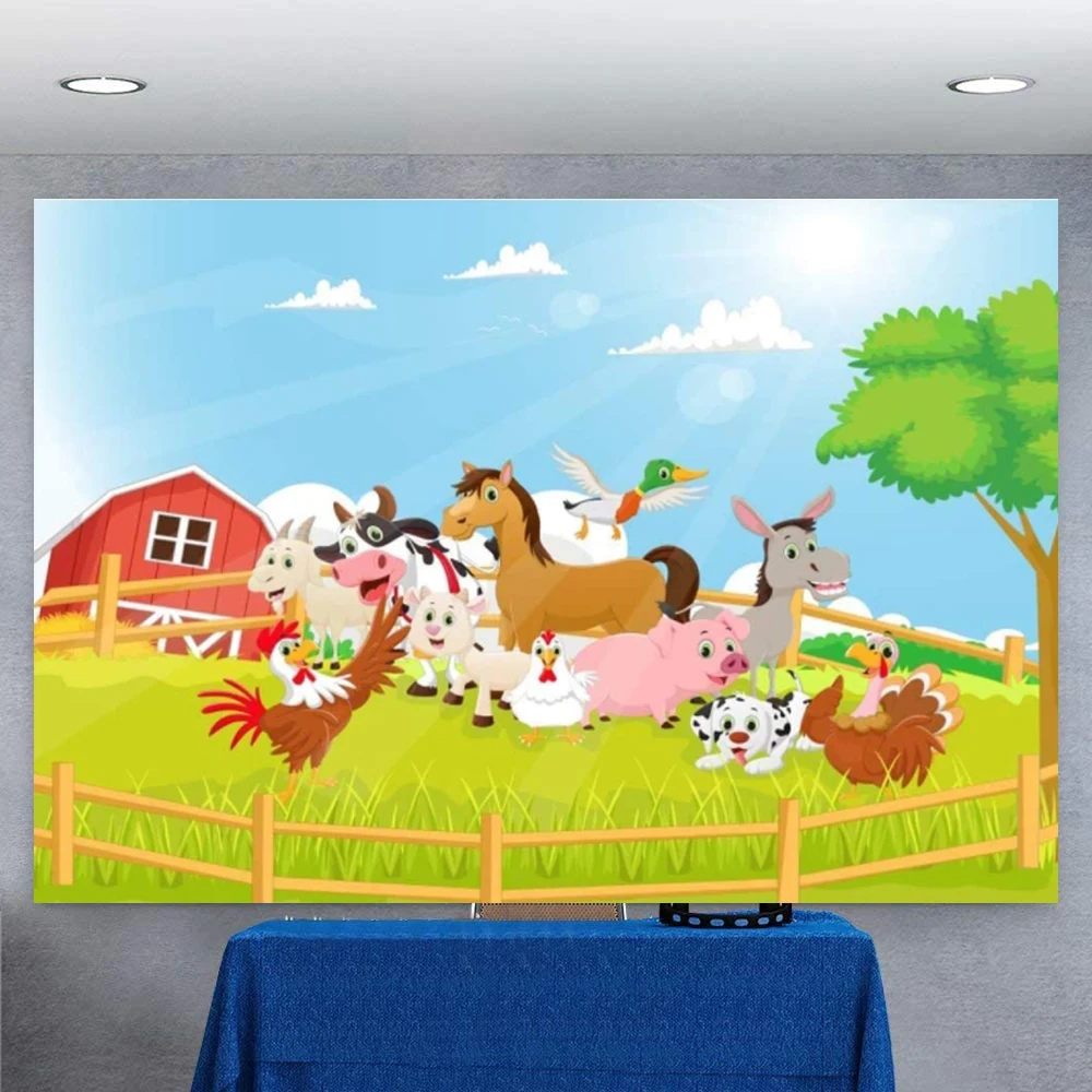 Cartoon Farm Photography Backdrop For Green Grass Animals Rustic Background Children Happy Birthday Banner Baby Shower Poster