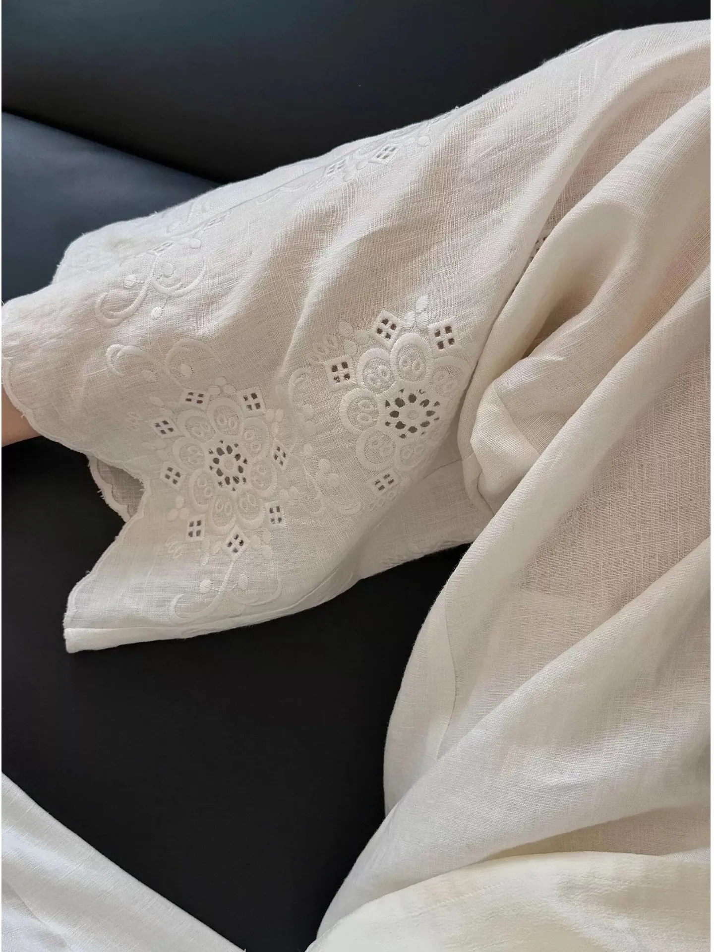 Pantalon à jambes larges en lin pour femmes, grande taille, brodé, ample, paresseux, décontracté, pour les déplacements artistiques, Long, été