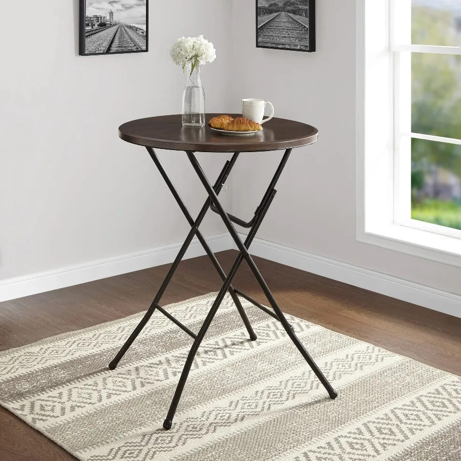Mainstays 31 Inch Walnut Round High‑Top Cocktail Folding Table Portable Bar Height Bistro Table for Party Banquet Indoor Outdoor