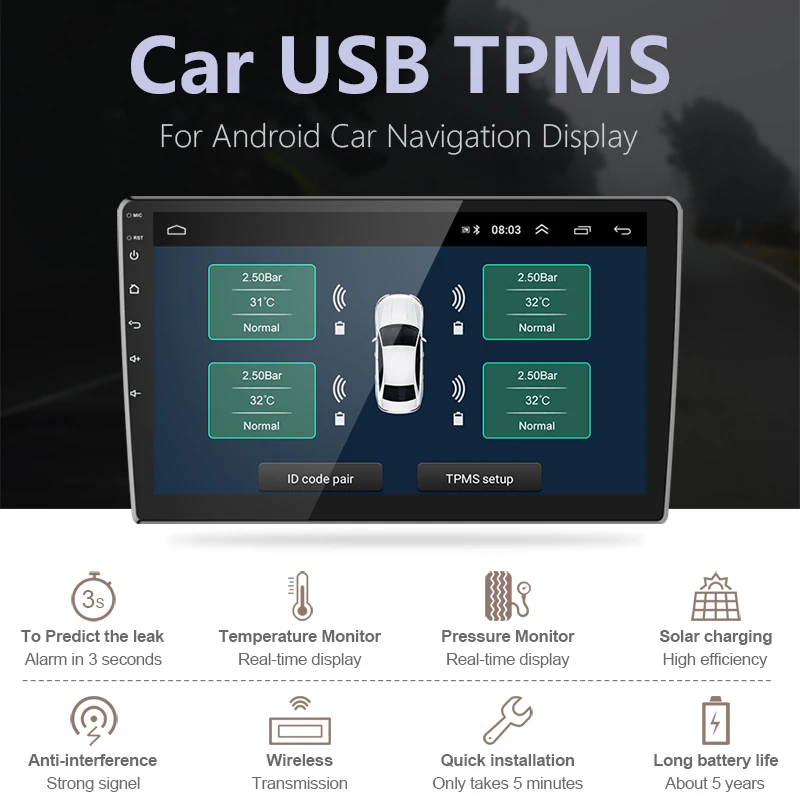 Develuck USB Android TPMS Tire Pressure Monitoring System for Car Radio DVD Playerexternal / inner Sensors Temperature Alarm