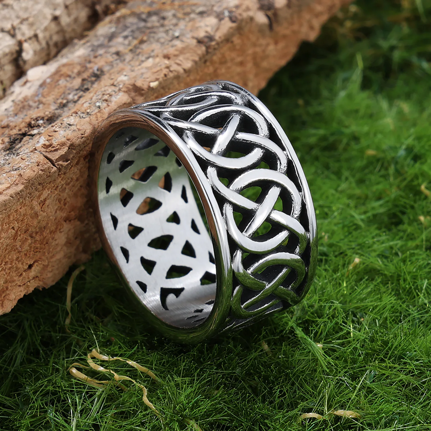 LNCHRAN Herrenring aus 316L-Edelstahl, silberfarben, mit Distel- und keltischem Knoten, durchbrochenes Band, Vintage-Schmuck, Geschenk für Männer – Detail 4