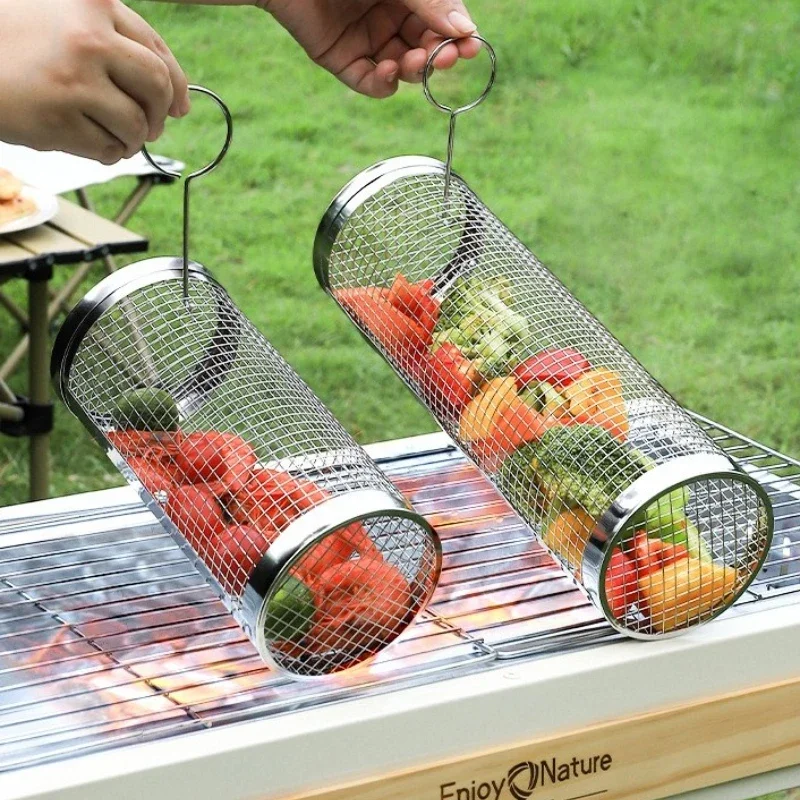 

Stainless Steel Grill Basket Portable Barbecue Cage Rolling Grilling Basket Useful BBQ Grill Basket Outdoor Grill Accessories