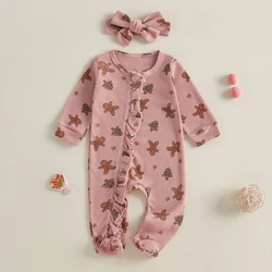 BeQeuewll Newborn Baby Girls Footies Christmas Kids Clothes Long Sleeve Gingerbread Print Ruffle Infant Romper with Headband