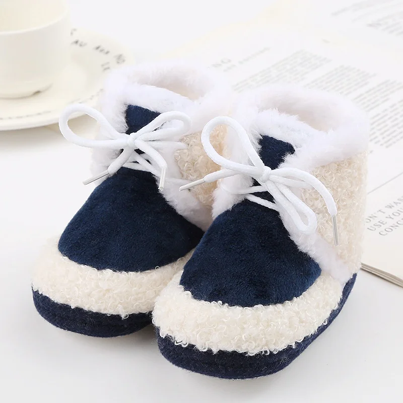 Korean Style Patchwork Plush Baby Shoes - Soft Sole, Cotton Padded, Lace-up Snow Boots for Adorable Boys and Girls 0-18M