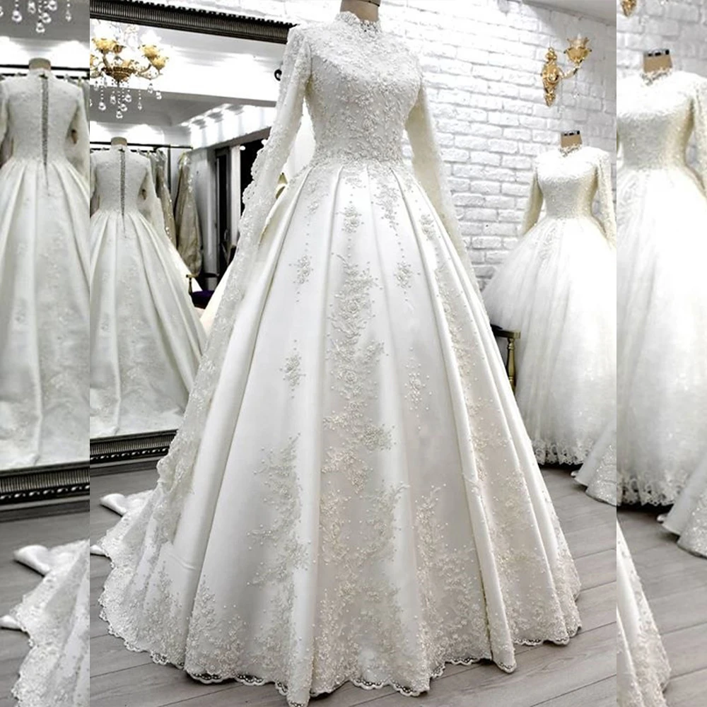 

Luxurry Wedding Dresses High Neck Long Sleeve for Muslim Bride with Beading Appliques A-Line Sweep Train Bridal Gowns Customized